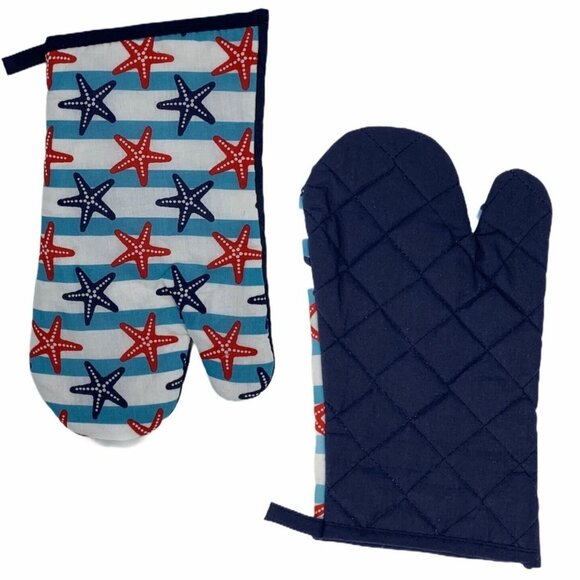 Nautical Oven Mitt Pot Holder Terry Cloth Kitchen Towel Striped Starfish Coastal - Picture 2 of 5